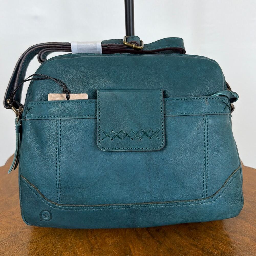 NWT Born Turquoise Leather Adjustable Strap Double Top Zip Pocket Handbag Bag